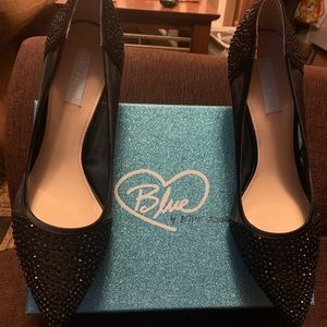 Black Betsy Johnson 4” heels with black beads and sheer accents.